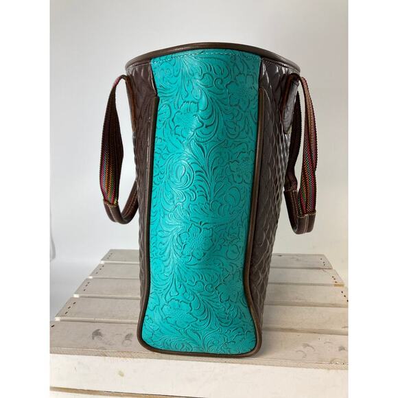 CONSUELA LARGE BROWN, TEAL QUILTED TOTE BAG WITH EMBOIDERY. - Picture 4 of 16